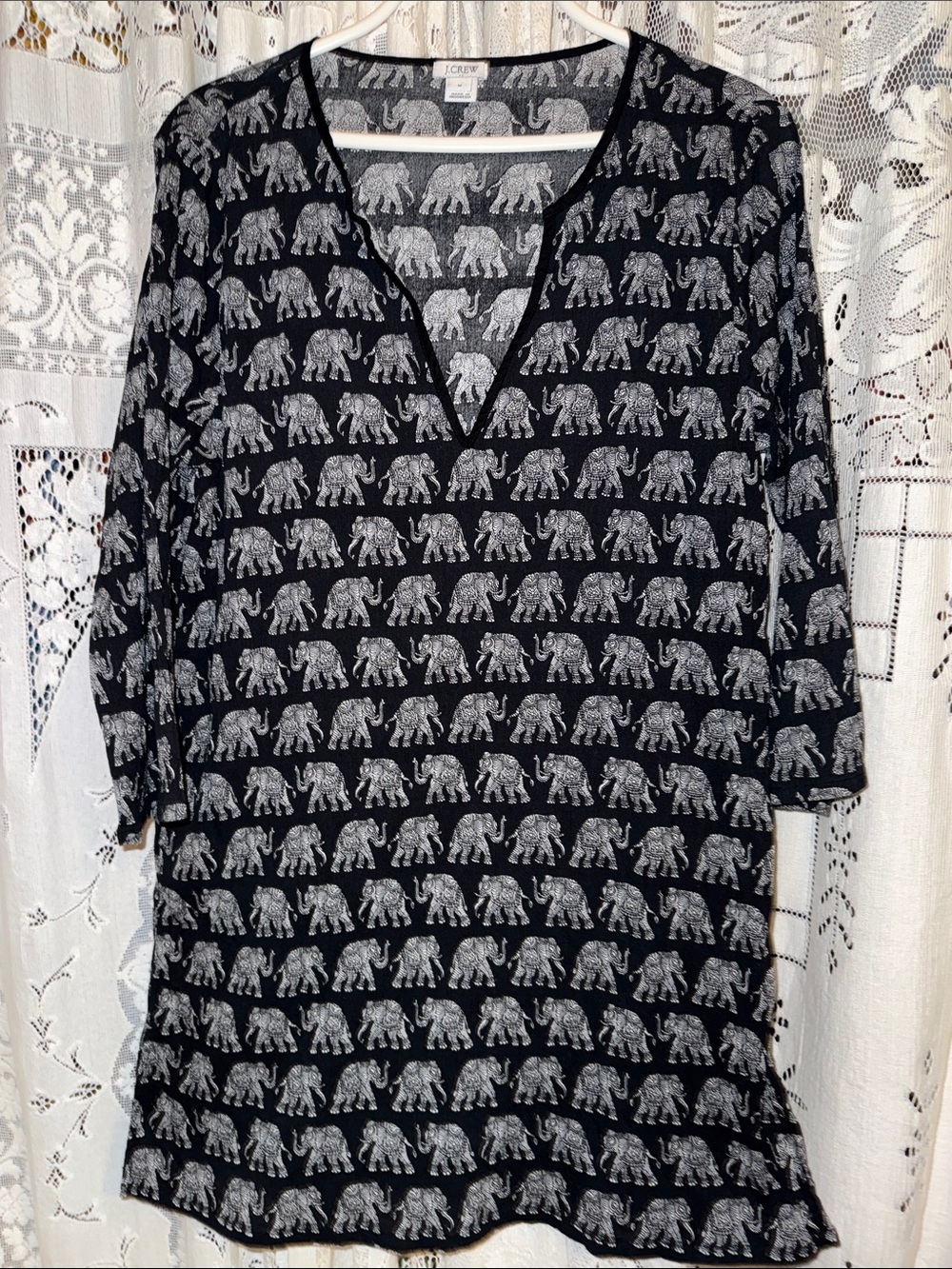 J. Crew Black Tunic with Gray Elephant Print medium